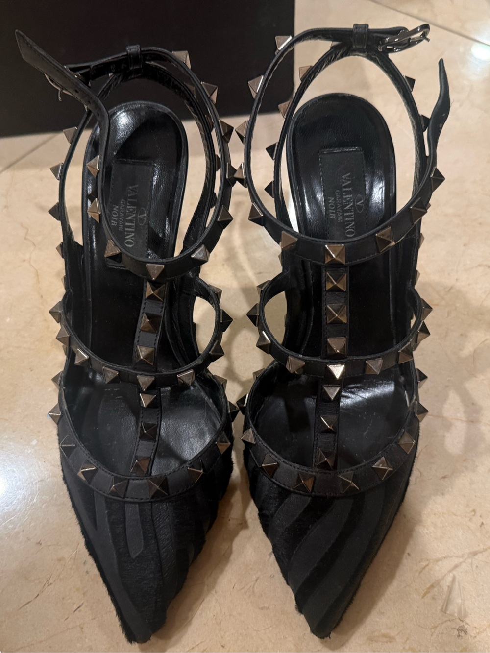 Valentino Garavani Black Rockstud Pointed Double Strap Pumps